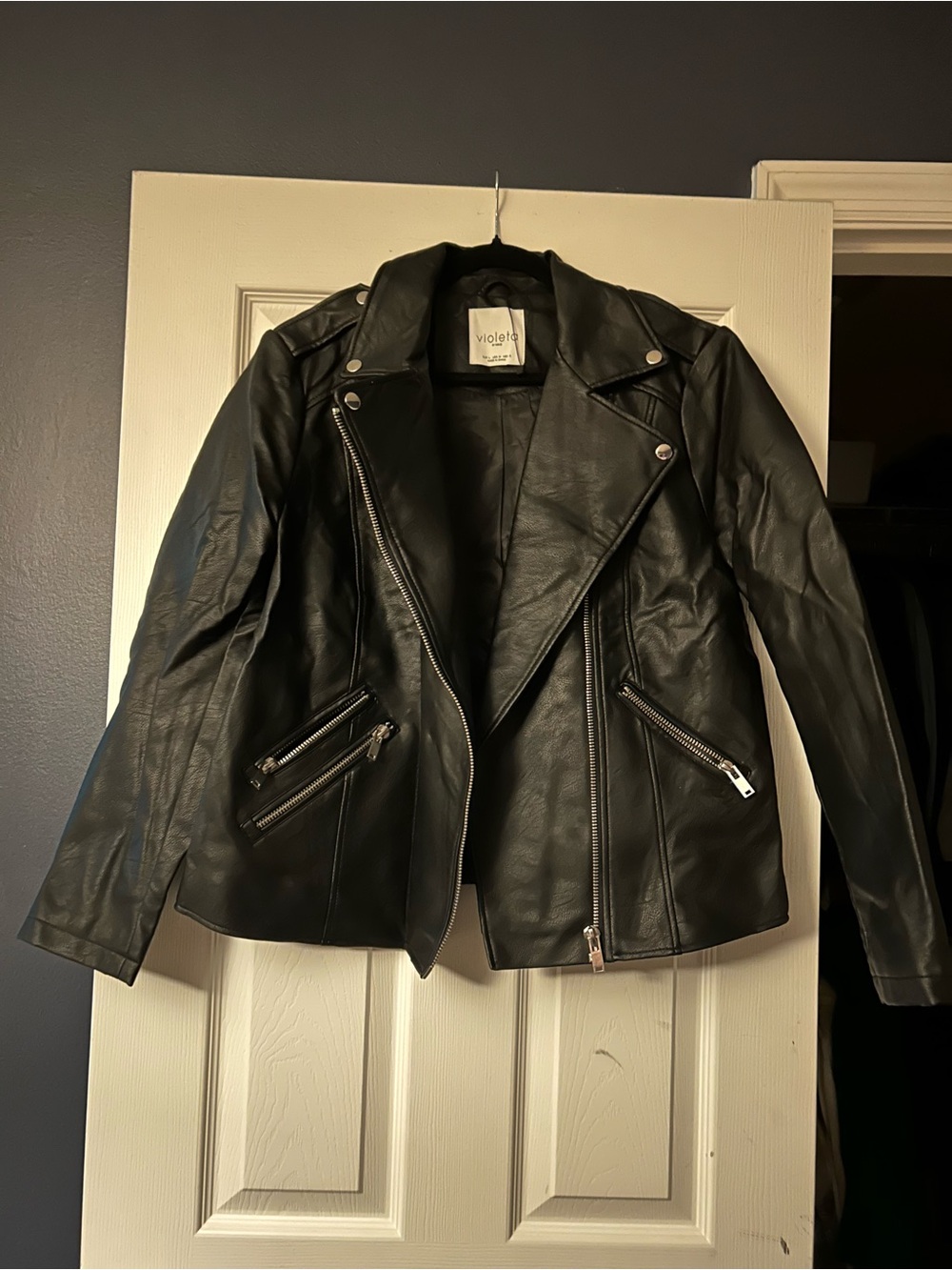 Violetta by Mango Black Faux Leather Moto Jacket
